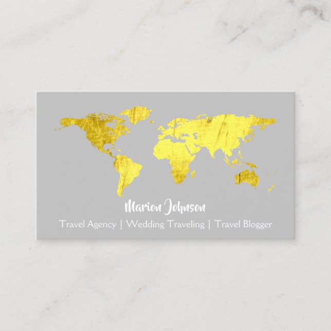 World Map Globe Karta Traveling Logotyp Grått Guld Visitkort (Framsida)