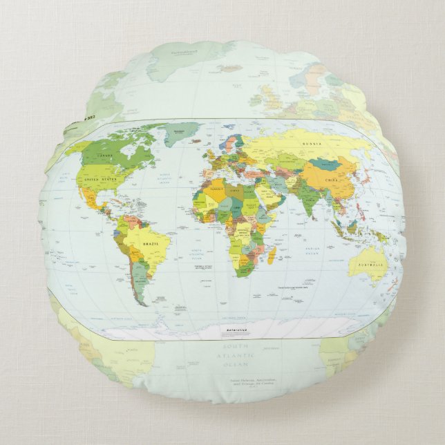 World Map Globe Land Atlas Rund Kudde (Framsidan)