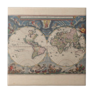 World Map Globe Travel Antique Kakelplatta
