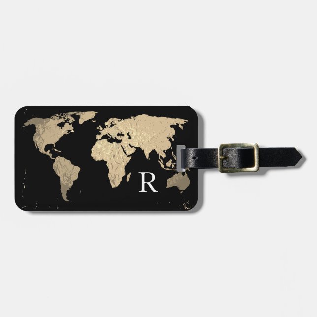 World Map Golden Sepia Black Monogram Initial Namn Bagagebricka (Horisontell Framsida)