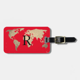 World Map Golden Sepia Red Black Monogram Initiale Bagagebricka