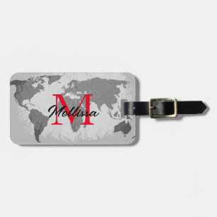 World Map Grått Red Monogram Traveler Namn Gift Bagagebricka