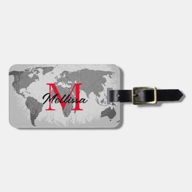 World Map Grått Red Monogram Traveler Namn Gift Bagagebricka (Horisontell Framsida)