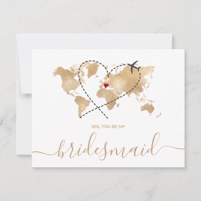 World Map Guld kommer att bli min bridesmaid Inbjudningar (Framsida)