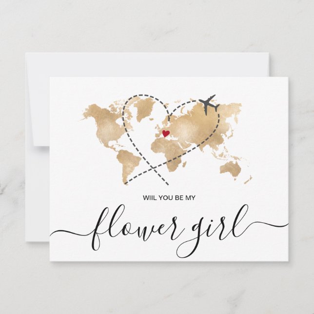 World Map Guld kommer att bli min FLOWER GIRL Inbjudningar (Framsida)