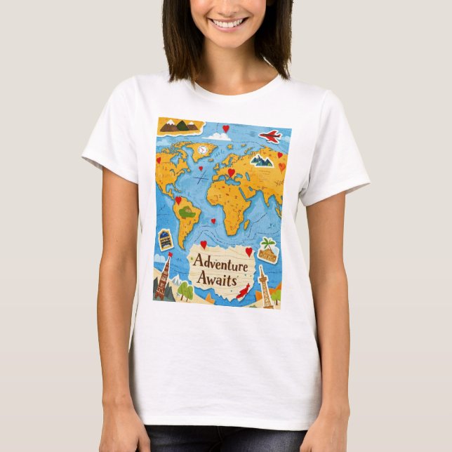 World Map Heart Stift Äventyr Awaits T Shirt (Framsida)