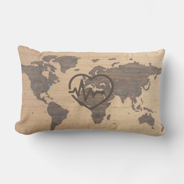 World Map Heartslag woodgrain Lumbarkudde (Framsida)