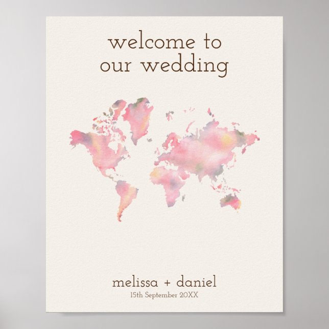 World Map in Rosa Shades for Destination Wedding Poster (Framsidan)