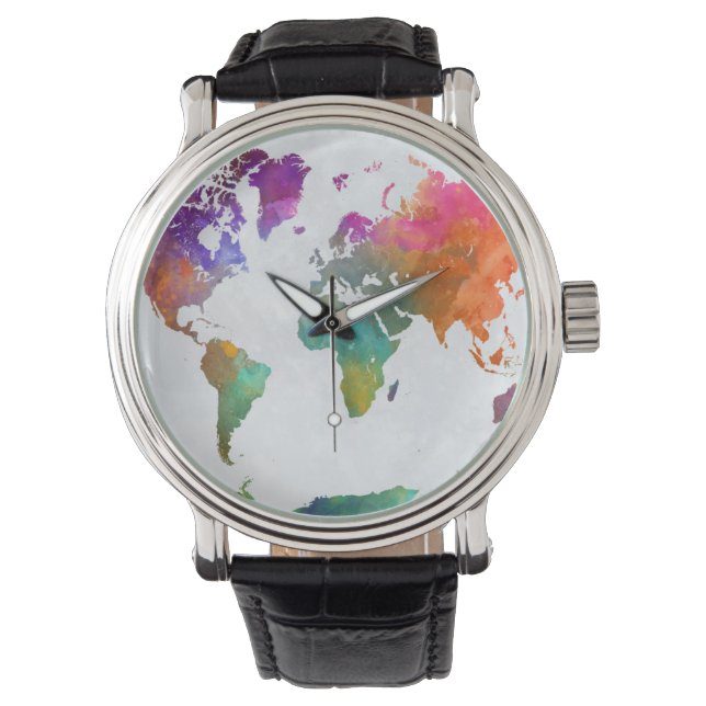 World Map in Watercolor Armbandsur (Framsida)