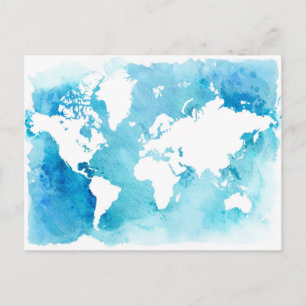 World Map in Watercolor Blues Vykort