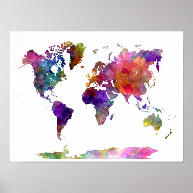 World map in watercolor purple and blue poster (Framsidan)