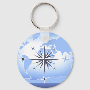 World Map Keychain 2, Ro, blå kompass Nyckelring