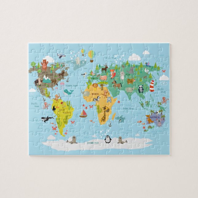 World Map Kids Tecknad Pussel (Horisontell)