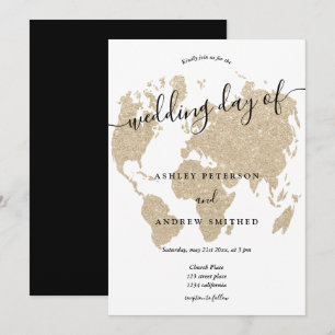 World map Light guld glitter chic-skript bröllop Inbjudningar