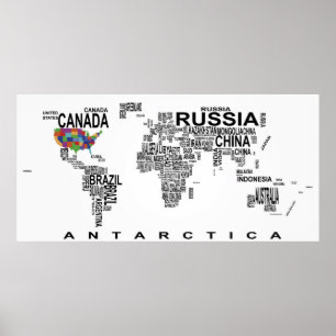WORLD MAP med LAND som TEXT Poster