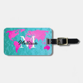 World Map Monogram Teal Blue Rosa Gold Foil Coola Bagagebricka