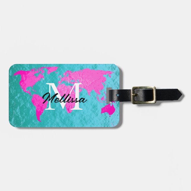 World Map Monogram Teal Blue Rosa Gold Foil Coola Bagagebricka (Horisontell Framsida)