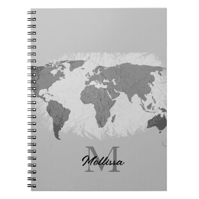 World Map Monogram Traveler Namn Black White Grått Anteckningsbok (Framsidan)