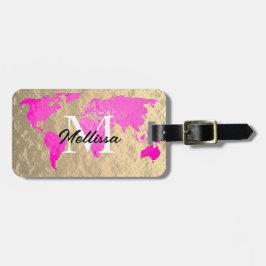 World Map Monogram Traveler Rosa Gold Foil Glitter Bagagebricka