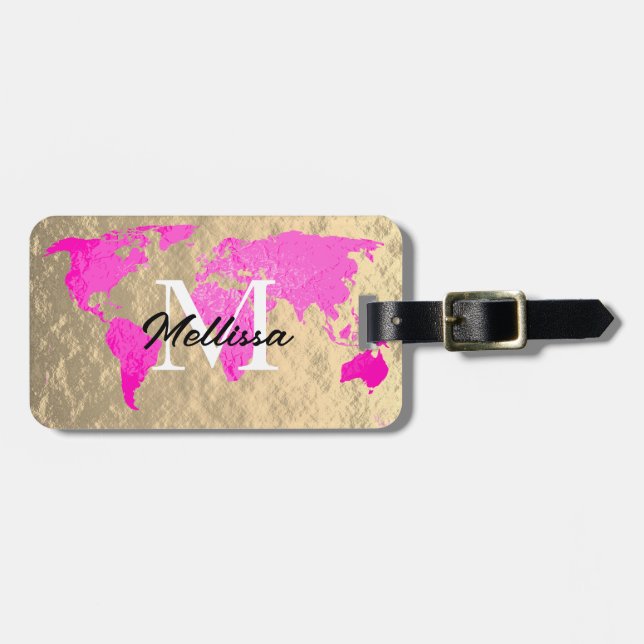 World Map Monogram Traveler Rosa Gold Foil Glitter Bagagebricka (Horisontell Framsida)