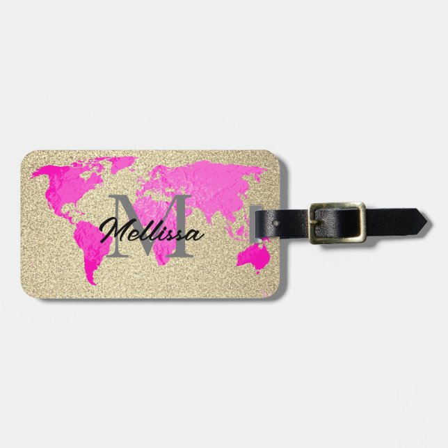 World Map Monogram Traveler Rosa Guld Glitter Bagagebricka (Horisontell Framsida)