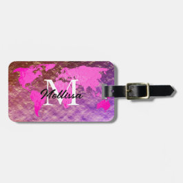 World Map Monogram Traveler Rosa ros Glitter i Gul Bagagebricka