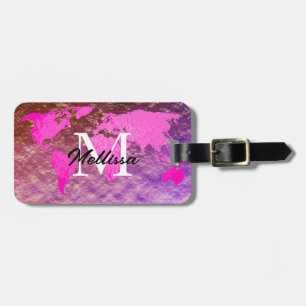 World Map Monogram Traveler Rosa ros Glitter i Gul Bagagebricka
