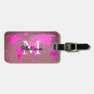 World Map Monogram Traveler Rosa ros Guld Glitter Bagagebricka