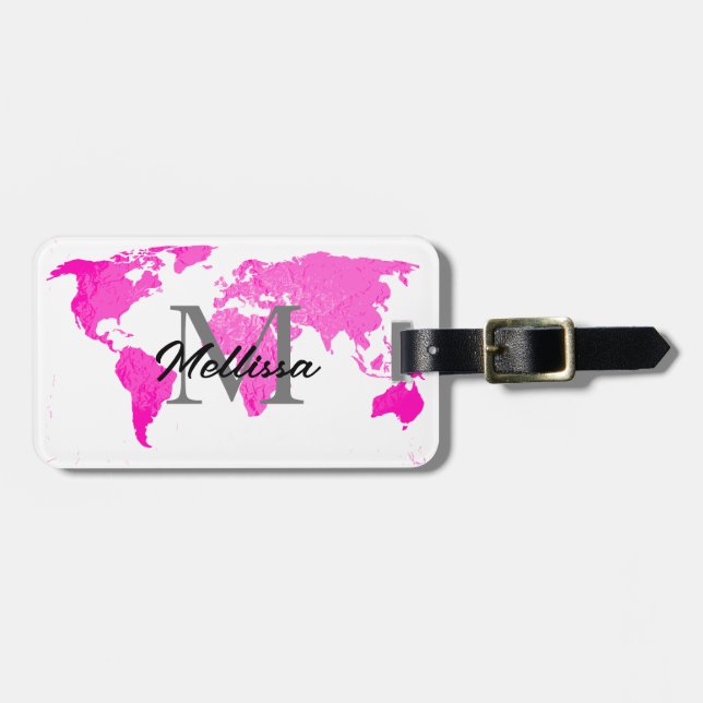 World Map Monogram Traveler Rosa White Modern Bagagebricka (Horisontell Framsida)