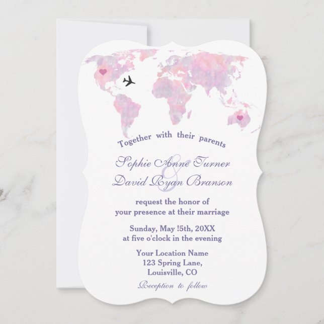 World Map of Destination Wedding Travel Watercolor Inbjudningar (Framsida)