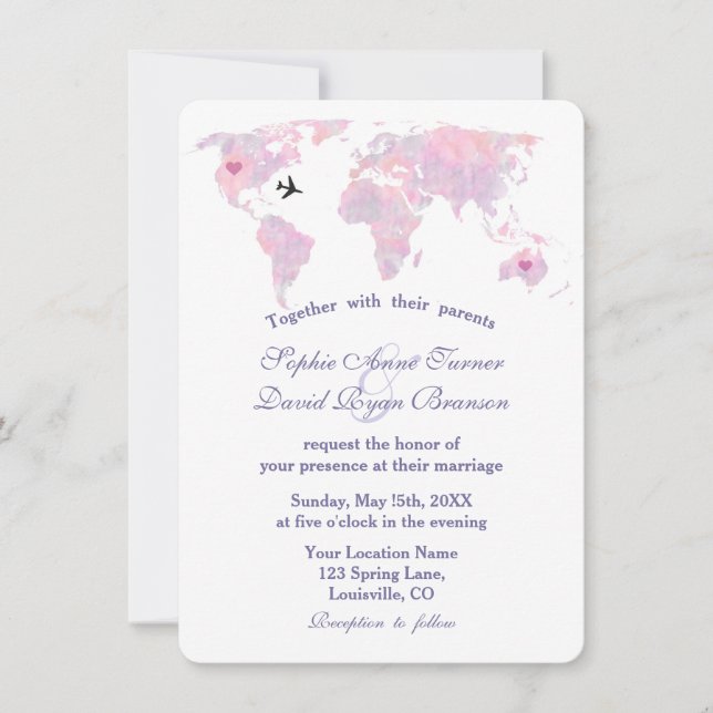 World Map of elegant Destination Wedding Watercolo Inbjudningar (Framsida)