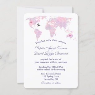 World Map of elegant Destination Wedding Watercolo Inbjudningar