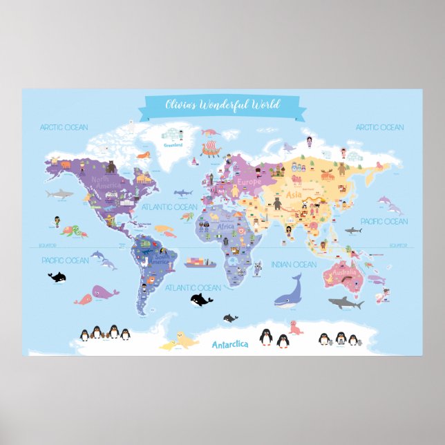 World Map of Illustrations med söta och älskande b Poster (Framsidan)