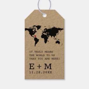 World Map on Kraft Typewriter Font Tack Favor Presentetikett