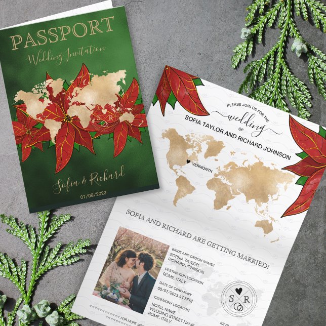 World Map över destinationspass för jul-Bröllop Inbjudan (christmas wedding passport invitation, green background and poinsettias)