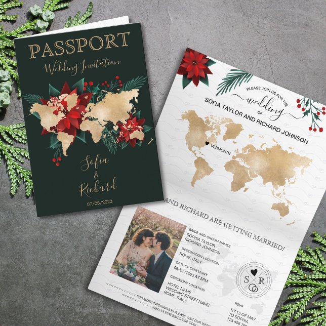 World Map över destinationspass för jul-Bröllop Inbjudan (christmas poinsettia gold world map passport)