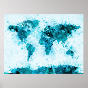 World Map Paint Stänk Blue Poster