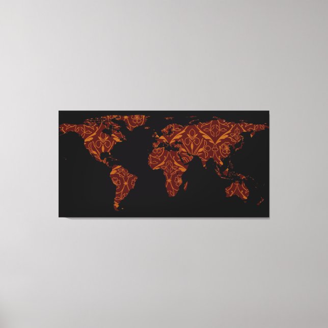 World Map Silhouette - Orange & Red Blommigt Patte Canvastryck (Framsida)