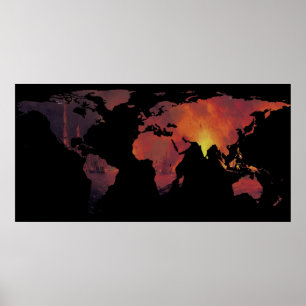 World Map Silhouette - världen är på eld Poster