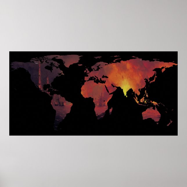 World Map Silhouette - världen är på eld Poster (Framsidan)