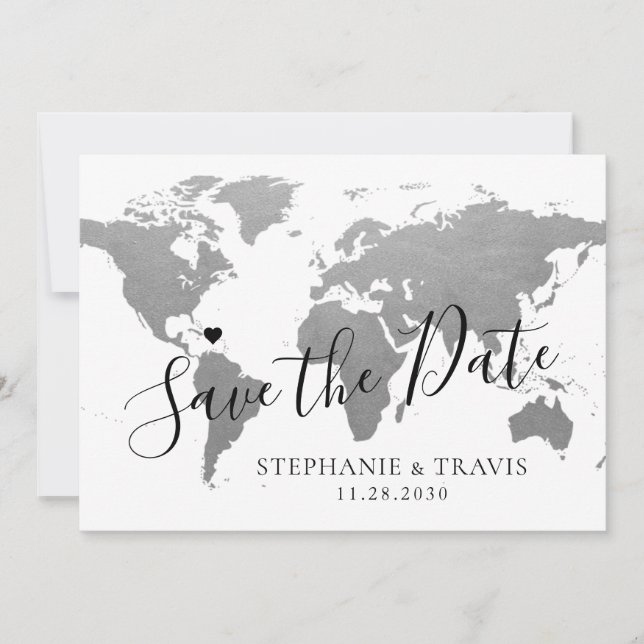 World Map Silver Grått Destination Wedding Photo Spara Datumet (Framsida)