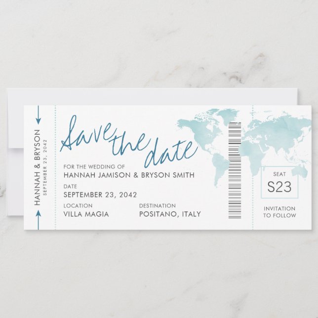 World Map Teal Blue Boarding Pass Spara datum (Framsida)