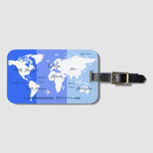 world map travel blue striped bagagebricka