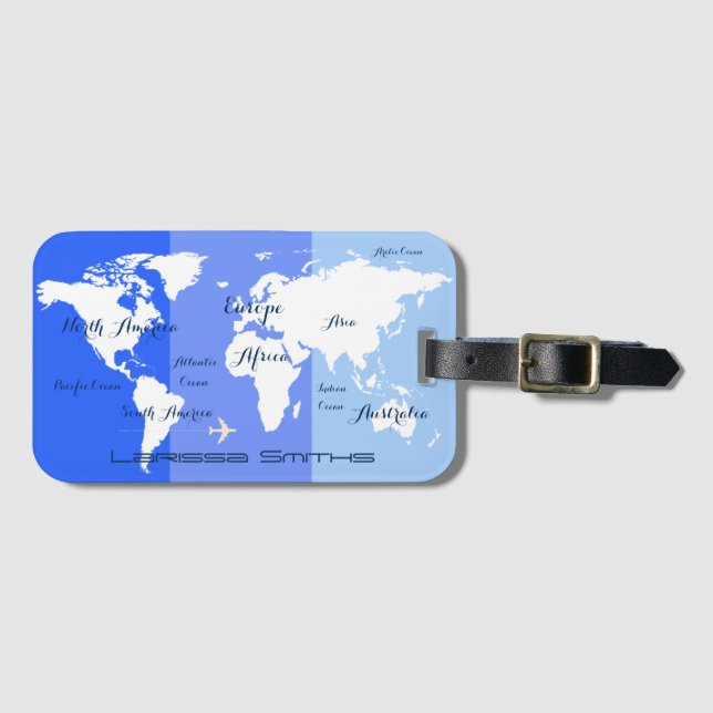 world map travel blue striped bagagebricka (Framsida horisontal)