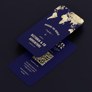 World Map Travel Planner Mörk blått Guld Modern Visitkort
