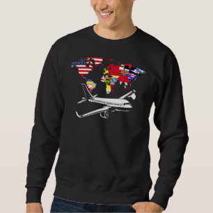 World Map Traveler Flygplan Traveling Världs flagg Lång Ärmad Tröja