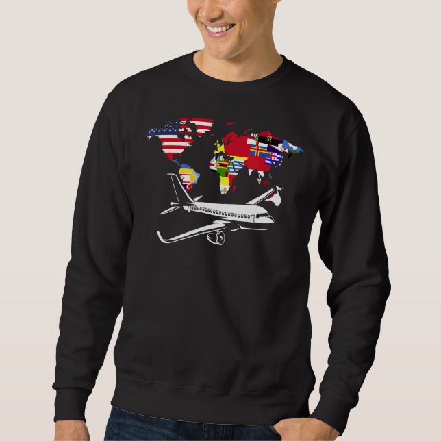 World Map Traveler Flygplan Traveling Världs flagg Lång Ärmad Tröja (Framsida)