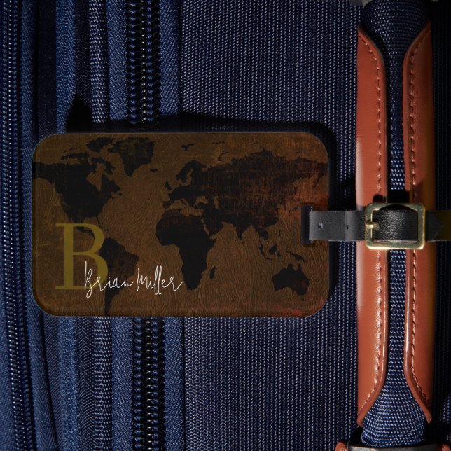 World Map Traveler Namnteckning Brown Bagagebricka (Framsida Insitu 4)