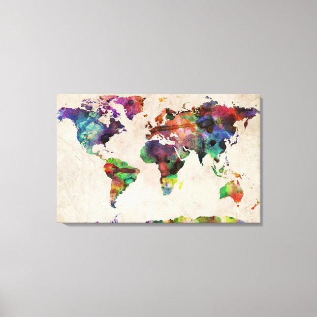 World Map Urban Watercolor Canvastryck (Framsida)