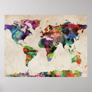 World Map Urban Watercolor Poster